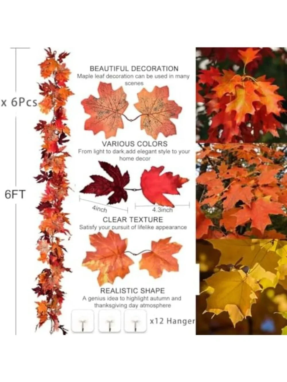 6 Pack Autumn Maple Leaf Garland - 5.9Ft Hanging Vine for Thanksgiving Decor